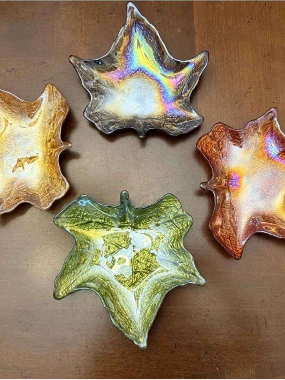 Set of 4 Iridescent Glass Leaf-Shaped Dishes 8” Multicolor Fall Décor